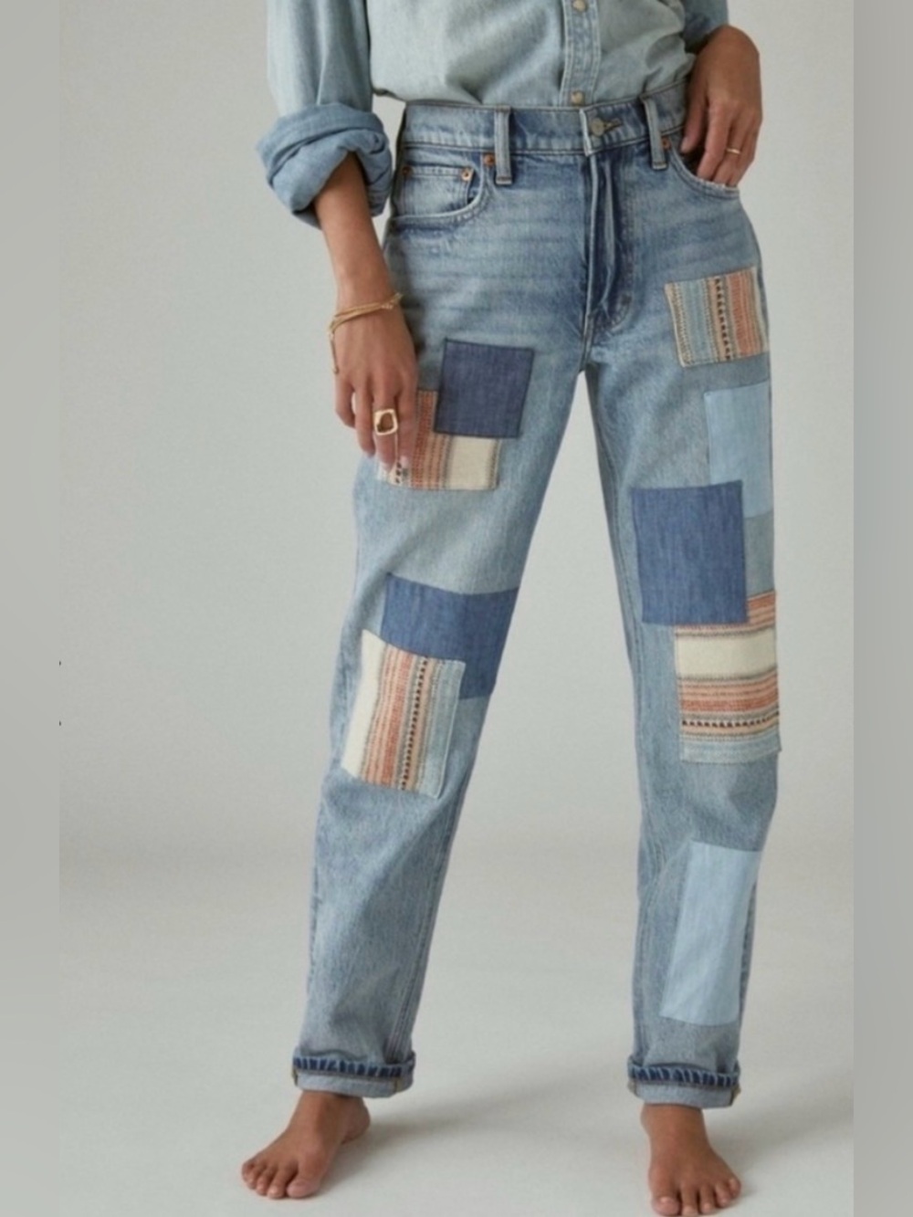 Lucky Legend Boyfriend Mid Rise Relaxed Straight Jeans Patchwork Size 26 - Picture 2 of 16